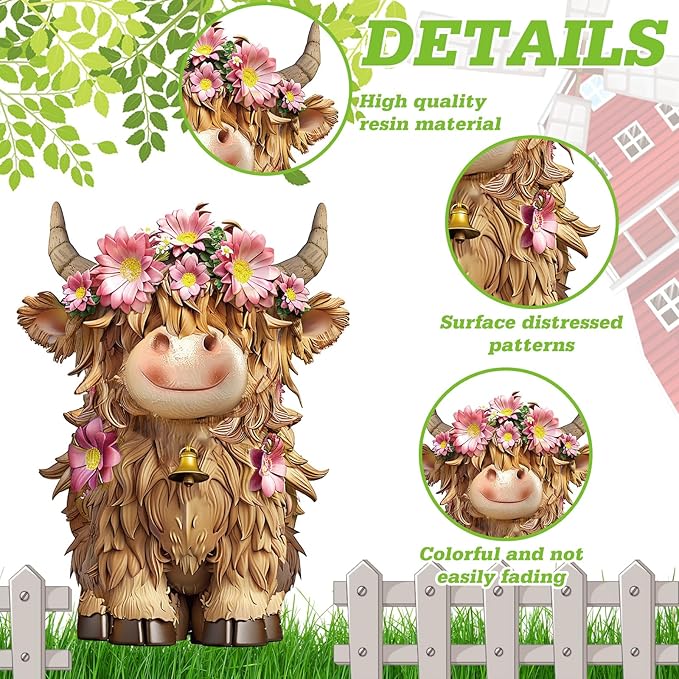 Burbell 2 Pcs Highland Cow Figurines Decor Daisy Flower Highland Cow Gnomes Resin Statue Calf Lovers Gifts for Farmhouse Home Garden Kitchen Office Tiered Tray Table Decor