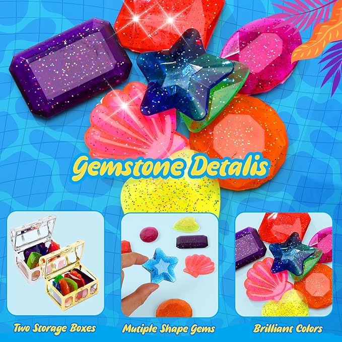 MARFOREVER 18 Pcs Big Diving Gem Pool Toys - 16 Colorful Sinking Diving Gems Underwater Crystals Swim Pool Toys with 2 Treasure Chest Pirate Boxes Acrylic Gemstones Set for Summer Party Favors