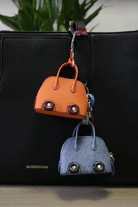 Buyborgood Women's 2 PCS Mini Tote Bag Charms Keychain Pouch Small Coin Purse Wallet, Denim+Orange