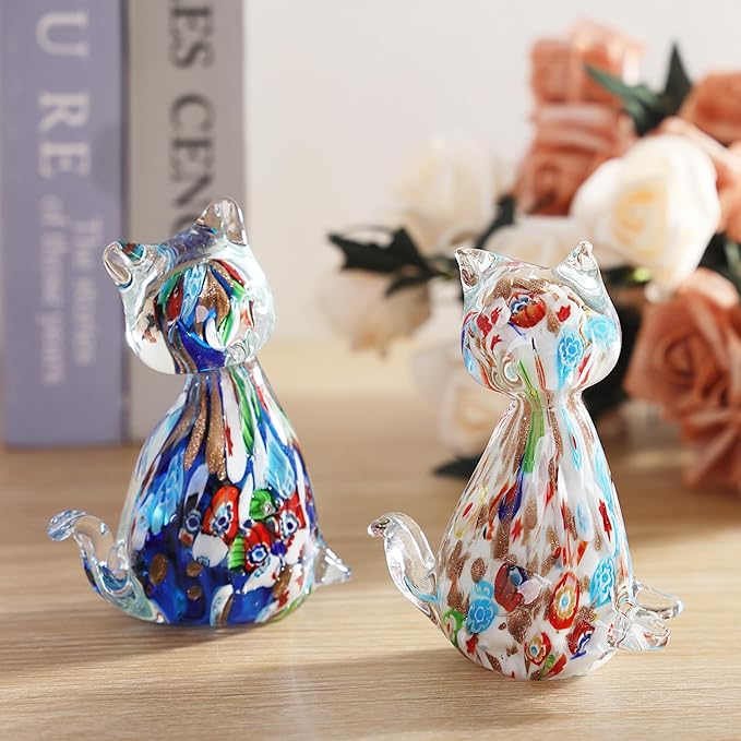 Yao Yuan Handmade Multicolor Glass Glass cat Statue - Elegant Swan Decor for Home and Office (Blue Color)…