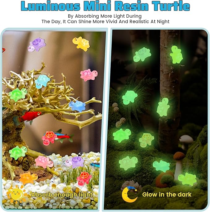 200pcs Mini Resin Turtles Luminous Tiny Turtle for Crafts Dollhouse Miniatures Mini Resin Things Animals for Fairy Garden Micro Landscaping Decoration Home Decor, 10 Colors(0.31 * 0.47inch，Medium)