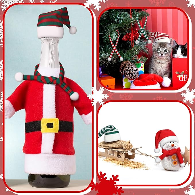 Geyoga 16 Pcs Mini Knit Doll Hat Valentines Day Small Santa Hat for Craft Winter Mini Snowman Hats and Scarf Tree Ornaments Snow Stripe Heart Wine Bottle DIY Decor Gifts