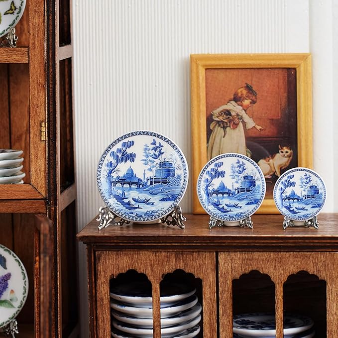 6PCS Handcrafted Miniature Ceramic Plates in 1:12 or 1:6 Scale, Vintage Porcelain Playhouse Dishes (Blue-White B, 3CM)