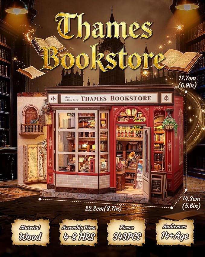 CUTEBEE Book Nook Kit - DIY Miniature House Dollhouse Kit for Adults and Teens, Booknook Tiny House Bookshelf 3D Wooden Puzzle, Gifts for Family (Thames Bookstore)
