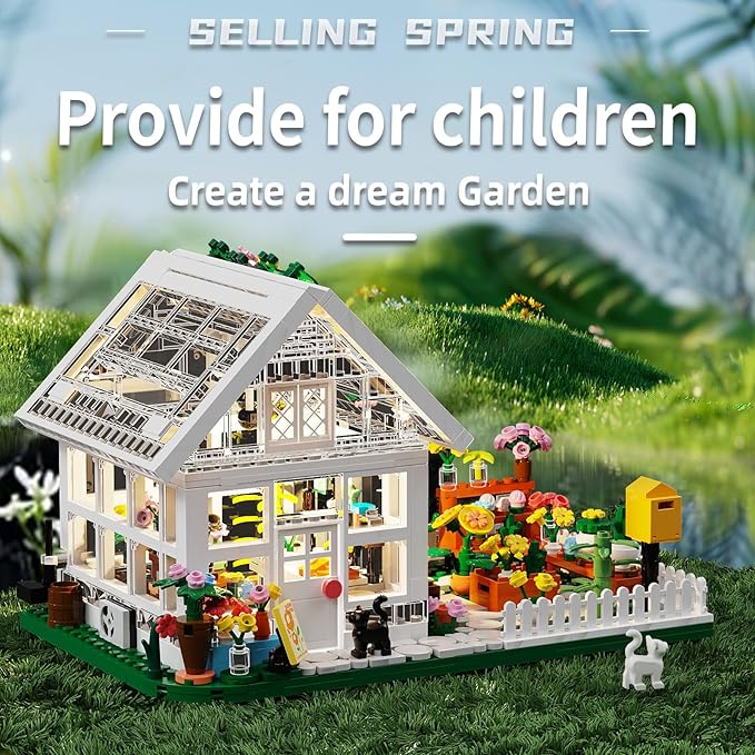 LEGPS YYDS Flower House Building Mini Set with LED, City Street View Greenhouse Building Blocks Toy, Valentine Xmas Gift for Friends or Girls 8-12 Year