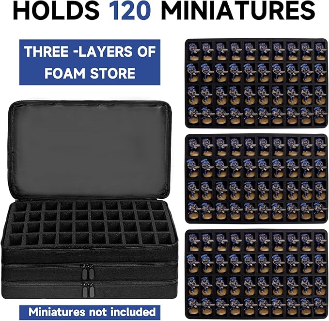 Miniature Figure Storage Carrying Bag, 120 Slot Figurine Miniature Carrying Case Compatible with 40K and D&D Miniature, Miniature Storage Case with 3 Foam Trays (Black)