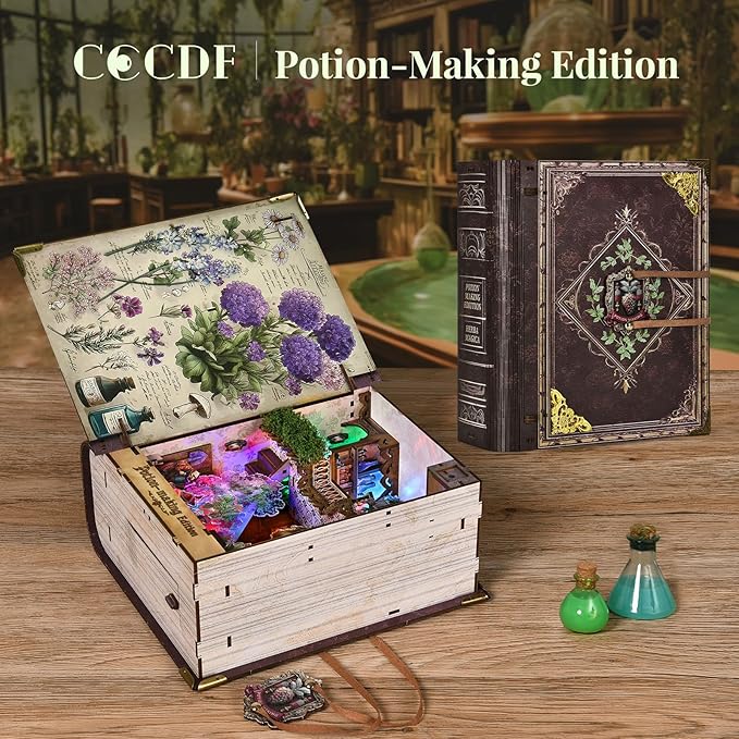 Book Nook Kit - DIY Magic Book Miniature Dollhouse Booknook Bookshelf Decor 3D Wooden Puzzle, Gifts for Family, Friends (Potion-Making Edition)