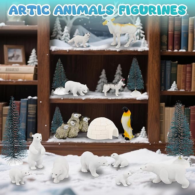 Warmtree 46 Pcs Arctic Animals Figurines Set Includes 22 Polar Bear Penguin Animals Figurines 6 Mini Pine Trees 18 Artificial Lceberg Fake Snow Ripple Water Sticker Ocean Habitat Diorama Supplies