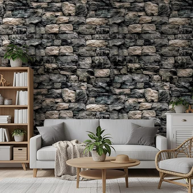 Flutesan 3 Pcs Miniature Dollhouse Wallpaper and Flooring Peel and Stick 1:12 Scale Self Adhesive Doll House Wallpaper DIY Mini Dollhouse Accessories 8.27 x 11.69 Inch(Stone Wall)