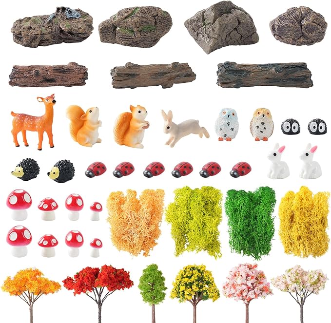 43 Pcs Mini Fairy Garden Accessories Outdoor Kit, Fairy House Accessories Including Resin Animals, Miniature Figurines Micro Landscape Ornaments, Fairy Garden Starter Kit for DIY Dollhouse