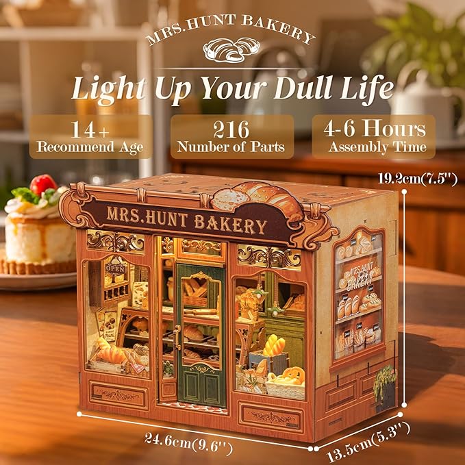 Cutefun Book Nook Kit - DIY Miniature Bread Shop Booknook Kits for Adults and Teens, 3D Wooden Puzzle Bookend Bookshelf with LED Light, Gifts for Family and Friends (Mrs.Hunt Bakery)