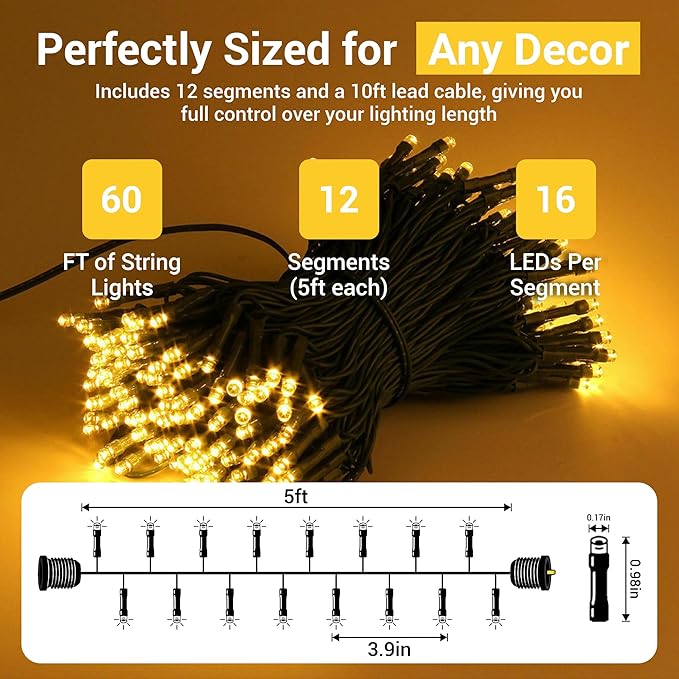 Lightacles Magnetic Christmas Lights - 60ft LED String Lights with Quick Connect - Indoor Plug in - Warm & Bright White - New Years Eve Decorations