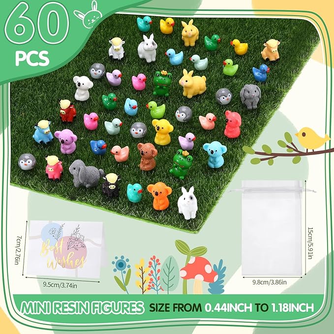 60 Pcs Mini Resin Animals with Organza Bag Card Miniature Resin Frog Rabbit Highland Cattle Koala Penguin Duck Mushroom Bee for DIY Cake Decoration Ornaments Crafts Moss Landscape