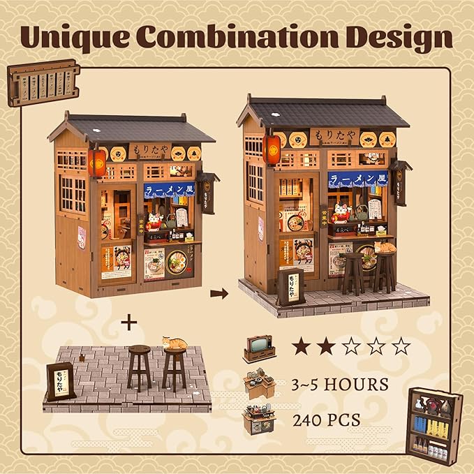 Fsolis Japanese Book Nook Kit - DIY Miniature Scene House Kit, 3D Puzzles for Adults Japan Noodle Shop Tiny House Booknook Craft Bookshelf Decor, Gifts for Women Model Lovers (Morita-Ya Ramen)