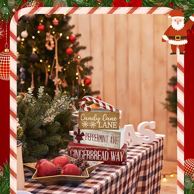 Moucuny 4 Pcs Christmas Table Decor Wooden Candy Cane Decoration Christmas Centerpiece Winter Tiered Tray Decor Red and White Stripes Candy Cane Block Signs Gift Farmhouse Xmas Decoration for Kitchen