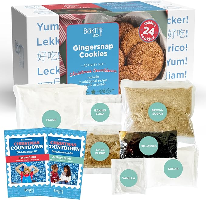 BāKIT Box Holiday Cookie Kit for Kids | Christmas Gingersnap Baking Mix + 12 Days of Christmas Activity Booklet | DIY Gingerbread Cookie Kit