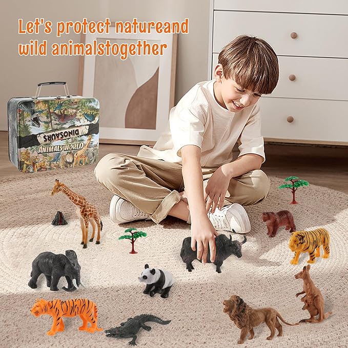 30-Piece Safari Animals Figures Toys Set for Kids -6-Inch Realistic Jumbo Wild Zoo Animals, Plastic African Wild Zoo Playset with Metal Storage Box Educational Learning Playset for Kids 3-5-7