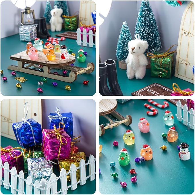 61Pcs Doll House Christmas Hat Decoration Miniature Dollhouse Accessories String Fake Light Door Mini Xmas Tree 1:12 Model Pretend Toys DIY Festival Party Wreath Snowman Fairy Cane Candy Garden