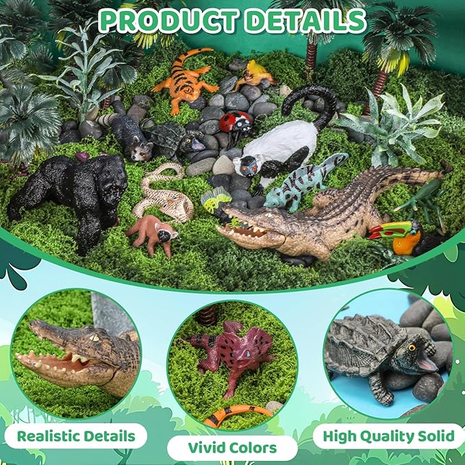 52 Pcs Rainforest Diorama Box Kit - Jungle Animal Model Figures Set, Artificial Tree Stump Fake Rocks Sand Stone Moss for DIY Craft Projects, Home Decoration, Collection Display