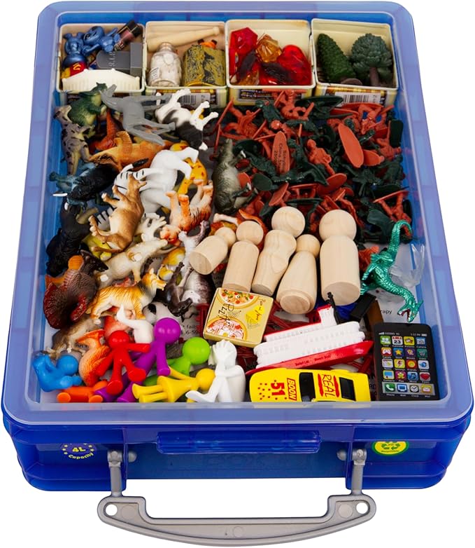 PTS Games Play Therapy Sand Tray Basic Portable Starter Kit with Tray, Sand, and 150+ Miniatures