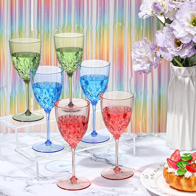 SKLENICE 48 pcs Plastic Pink Wine Glasses Bulk 7.4oz Detachable Small Wine Goblet Champagne Flutes Unbreakable Vintage Diamond Stemware Mimosa Drinking Glassware for Wedding Christmas Event Party