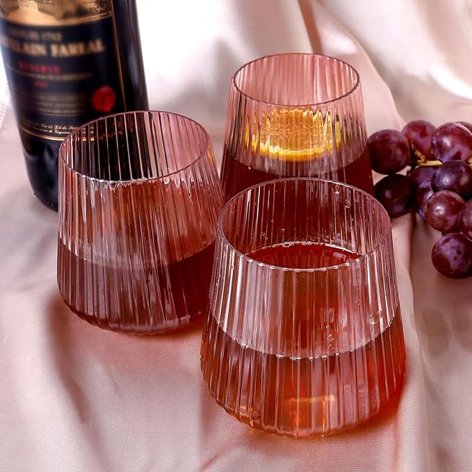 Lueumxc 40 Pack Plastic Ribbed Wine Glasses, 14Oz Origami Disposable Wine Glasses Unbreakable Clear Plastic Cocktail Glasses Recyclable Shatterproof Reusable Wine Cups (14oz-pink-40pack)