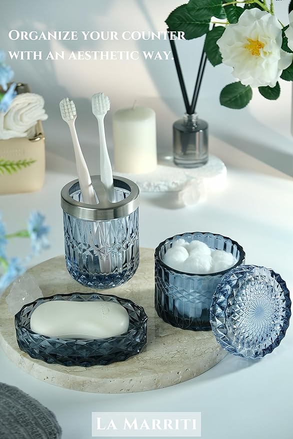 LaMarriti Blue Bathroom Accessories Set, 4Pcs Clear Glass Bathroom Accessories, Lotion Soap Dispenser Set, Toothbrush Holder, Qtips Holder, Soap Dish for Crystal Modern Bath Decor, Set