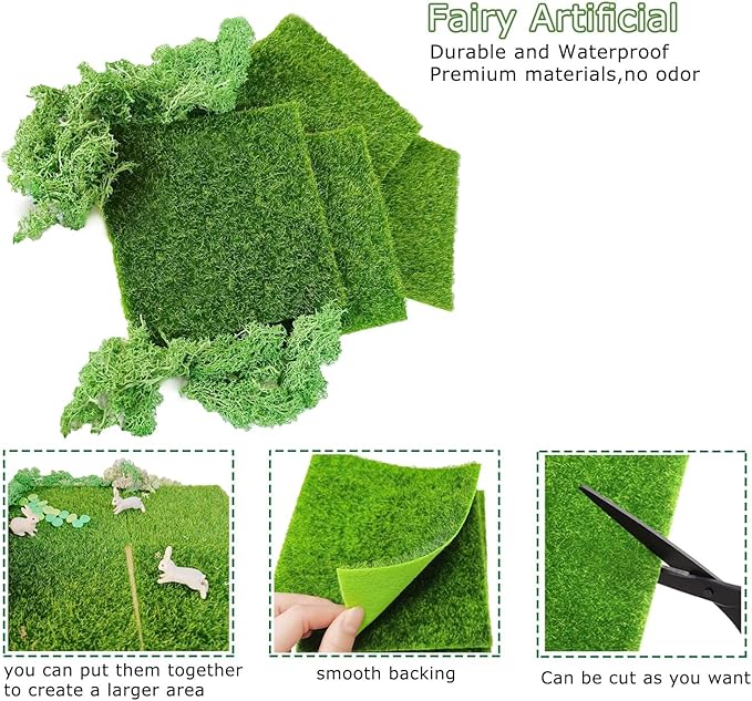 QuarenDen Miniature Garden Accessories, 36Pcs, 6in x 6in Fairy Artificial Grass, Fake Moss, Mini Fairy Garden Grass, Fairy Garden kit for Dollhouse Decoration Plant House Decor