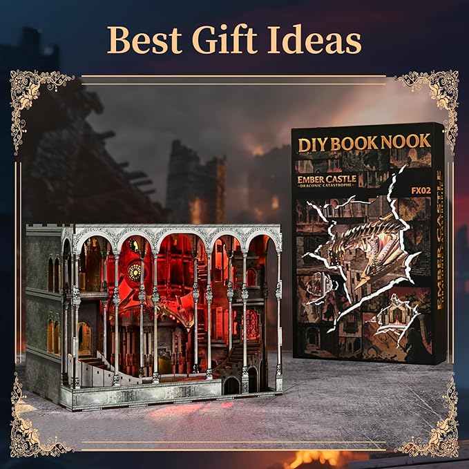 Book Nook Kit, DIY Miniature House Kit for Adults, Teens and Beginners, Dollhouse Booknook Library Tiny House Bookshelf Decor 3D Wooden Puzzle, Gifts for Family, Friends (Ember Castle)