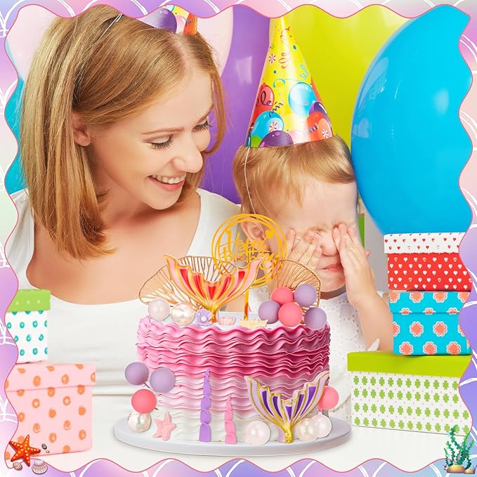 40 Pcs Mermaid Cake Topper - Mermaid Tail Cake Decorations with Seaweed Shells Starfish Under the Sea Cake Decorations for Birthday Party Decorations