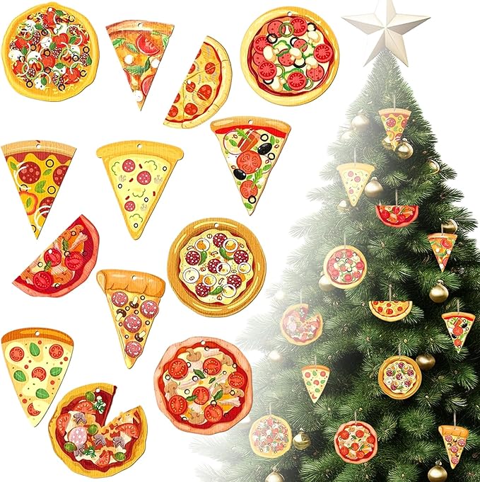 13 Pack Pizza Christmas Ornaments Set - Funny Christmas Decorations with Hanging Ropes, Cute Food Ornaments for Xmas Tree, Ideal for Pizza Party & Gifts