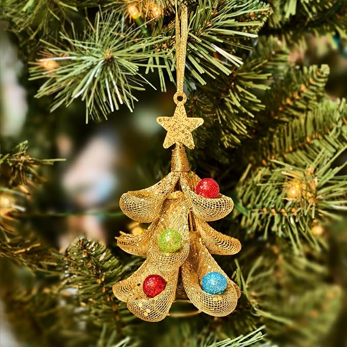 XMIAOX Mini Metal Christmas Tree, 5.9" Handcrafted Wire Mesh Tree Tabletop Hanging Ornament with Star Tree Topper & Colorful Glitter Balls, Sparkling Holiday Decoration for Desk, Shelf & Home Décor