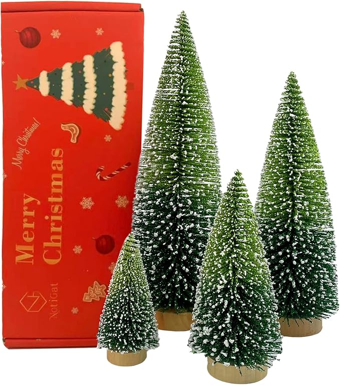 Mini Christmas Tree Bottle Brush Christmas Trees Decor for Christmas Decorations Wooden Bases (Double Green)