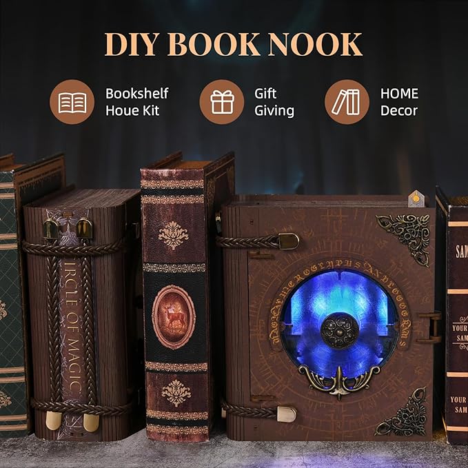Book Nook Kit, DIY Miniature Dollhouse Magic Booknook Kit, 3D Wooden Puzzle Bookend Bookshelf with LED Light for Adults Teens (Circle of Magic)