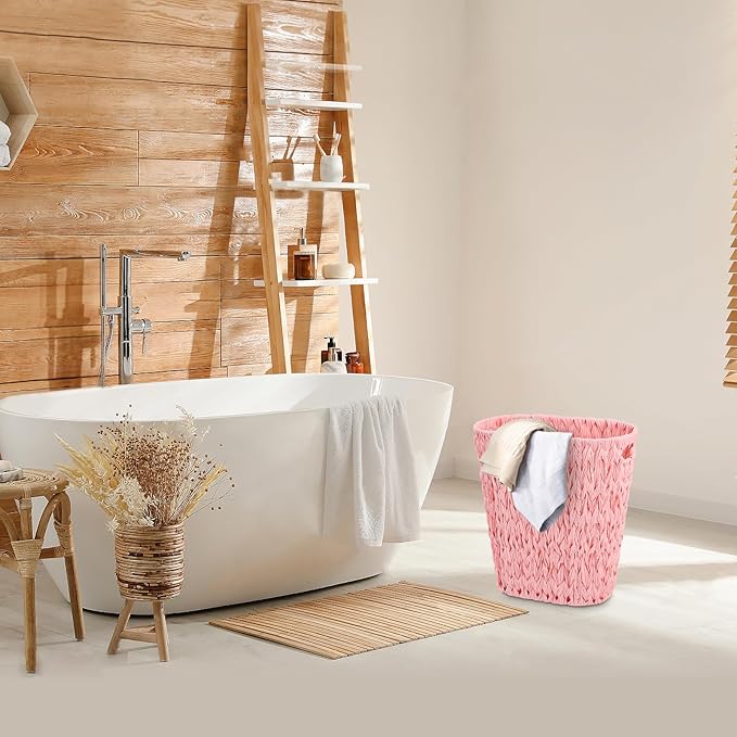 XLHOMO Bathroom Accessories Set with Wicker Trash Can, Pink Bathroom Accessories Pink Bathroom Sets Small Waste Basket Bathroom Trash Can for Bedroom Bathroom