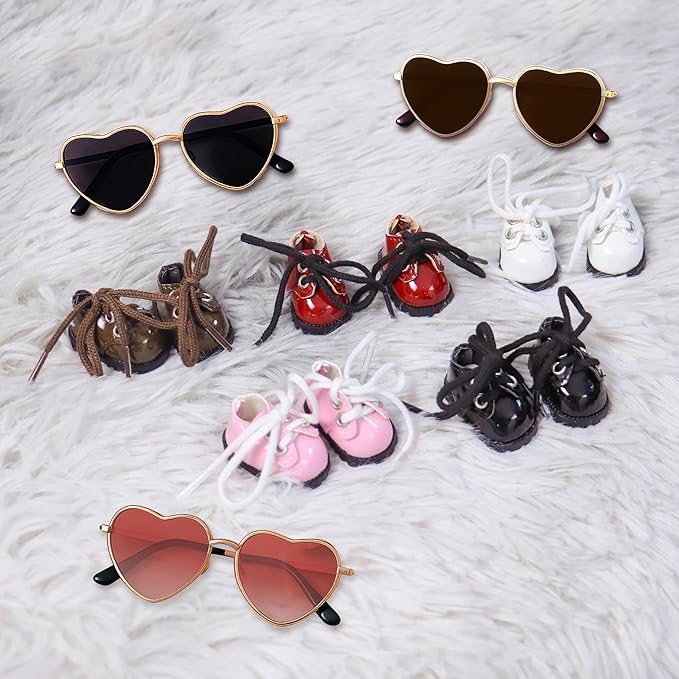 Suitable for 17cm Doll Clothing Accessories Set, Cute PU Leather Lace-up Mini Oxford Shoes and Glasses Two-Piece Set (White)