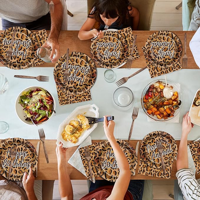96Pcs Cheetah Print Party Decorations Brown Leopard Print Birthday Themed Tableware Safari Animal Plates Napkins Forks Jungle Leopard Dinnerware Supplies for Baby Shower Birthday Serves 24 Guests