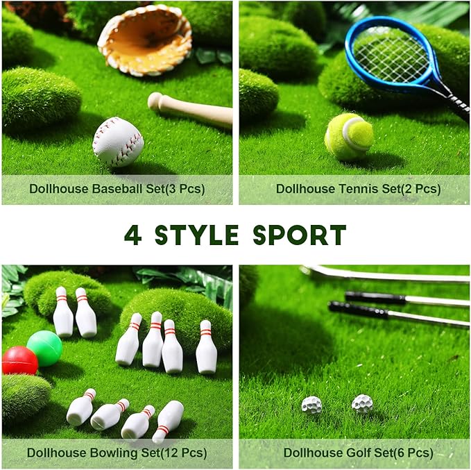 Skylety 23 Pieces Dollhouse Miniature Sports Set Mini Golf Baseball Tennis Bowling Tiny Golf Ball Clubs Ball Bats Racket Mini House Decoration Accessories for Dollhouse Collection Cake Topper Decor