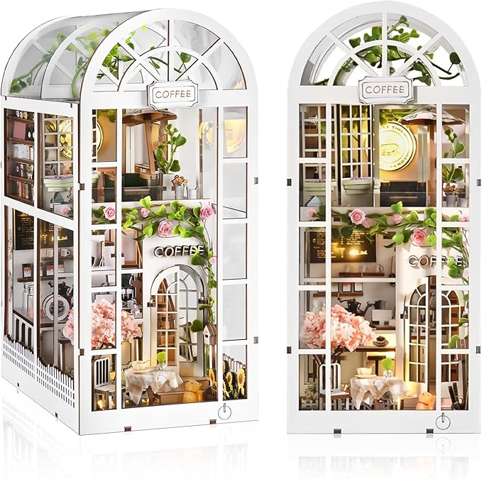 DIY Book Nook Kit, Miniature Bookshelf Decor with LED Lights, Laser-Cut Wooden Craft Set for Adults, Creative Gift for Christmas, Birthday, Coffee Garden