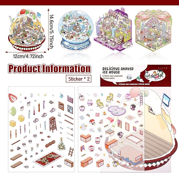 DIY 3D House Stickers, 4 Set Fun DIY Stickers Scene Make Your Own Snowball, Paint Box, Gift Box, Cake House,Cute 3D Cartoon Scene Sticker for Adult Kids Relief Stress Pass The Time