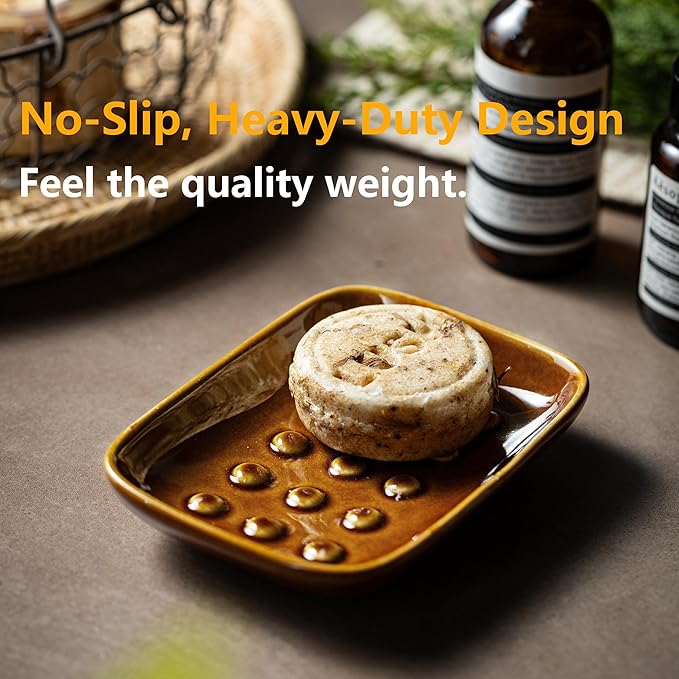 Soap Dish for Shower, Ceramic Soap Dish for Bar Soap Sponge, Soap Holder Saver Tray for Bath Kitchen Sink Bathtub, Farmhouse Decor, Raised Pattern - Keep Soap Dry, Dark Brown