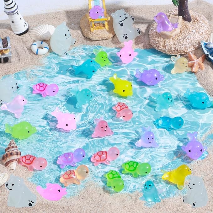 65 Pcs Luminous Mini Sea Animals Small Turtles Dolphins Seals Polar Bears Figurines Glow in The Dark Tiny Ocean AnimalsSets for Garden Landscape Aquarium Hide and Seek Prank Cake Decoration