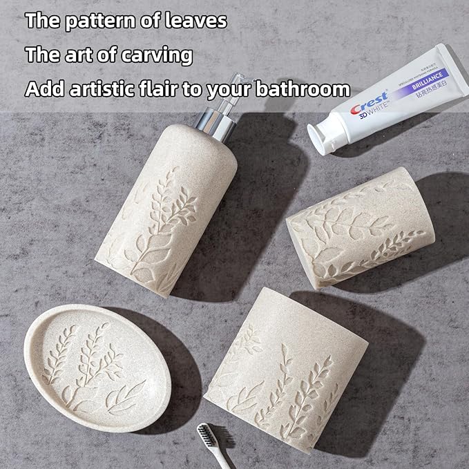 Haocoott Bathroom Accessories Set, 4 PCS Bathroom Accessory Sets with Soap Dispenser 13 OZ, Toothbrush Holder, Tumbler, Soap Dish, Bathroom Countertop Organizer, Sea Bathroom Decor (Leaf Beach)