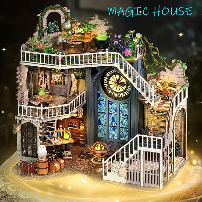 Spilay DIY Miniature Dollhouse Wooden Furniture Kit,Handmade Mini Modern Model Plus with Dust Cover,1:24 Scale Creative Doll House for Lover Friend Gift (Magic House-LV003)