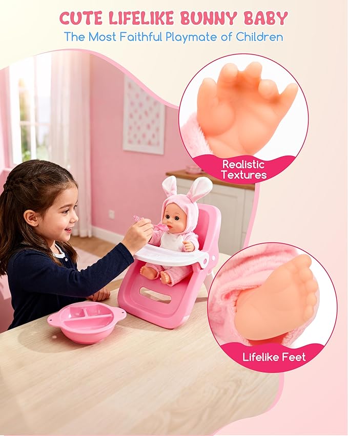 PLAYFULBAY Baby Doll Stroller Set, 28-Piece Playset with High Chair, 2 Doll Outfits & Accessories, Imaginative Role-Play Gift for Toddlers 1-5