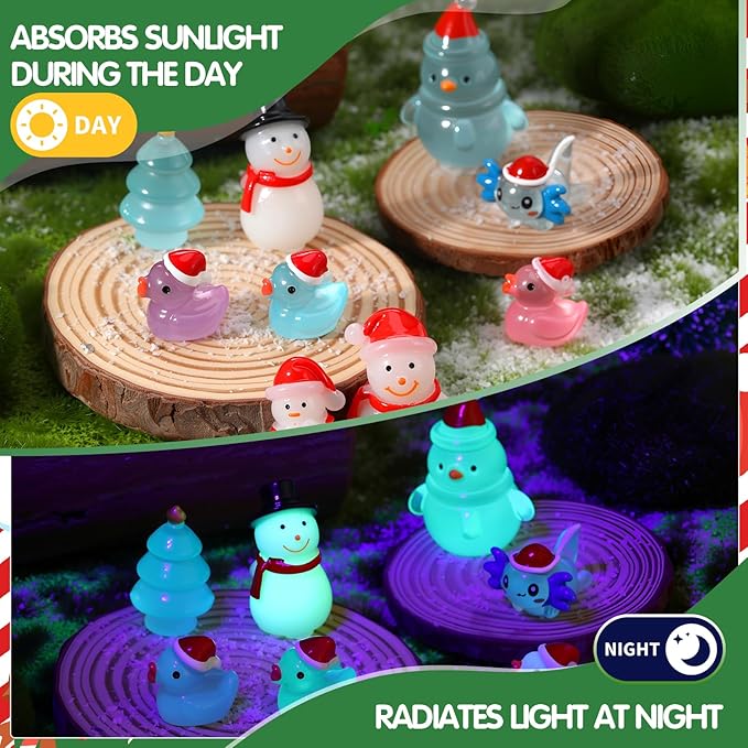 48PCS Mini Christmas Luminous Figurines Christmas Resin Miniatures Glow in The Dark Tiny Figures to Hide Small Snowman Figures for Xmas Goodie Bag Mini Presents for Crafts