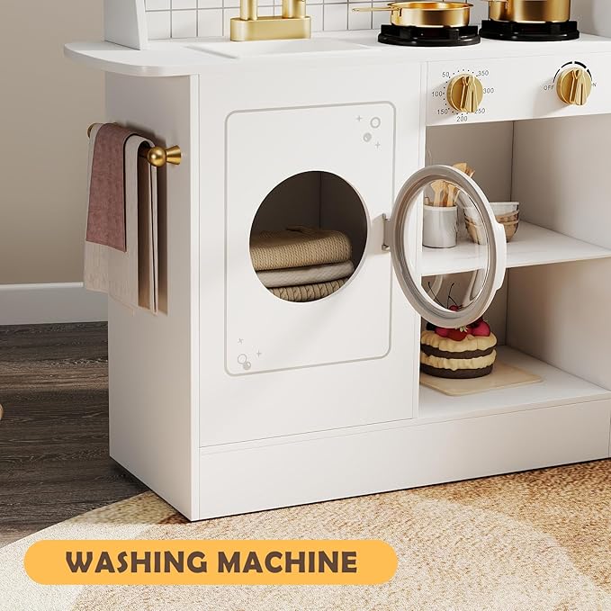 JOYDIAS Kids Play Kitchen Set, Pretend Wooden Kid Kitchen Playset Toy Kitchen w/Sound and Light, Oven, Washing Machine, Toy Coffee Station and Toddler Kitchen Accessories for Kids Age 3+