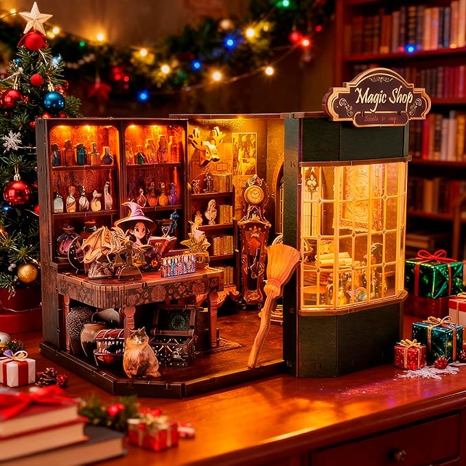 Book Nook Kit - DIY Miniature House Dollhouse Kit for Adult and Teens, Tiny House Bookshelf Decor 3D Wooden Puzzle with LED Lighting, Gifts for Family, Friends (Magic Shop)