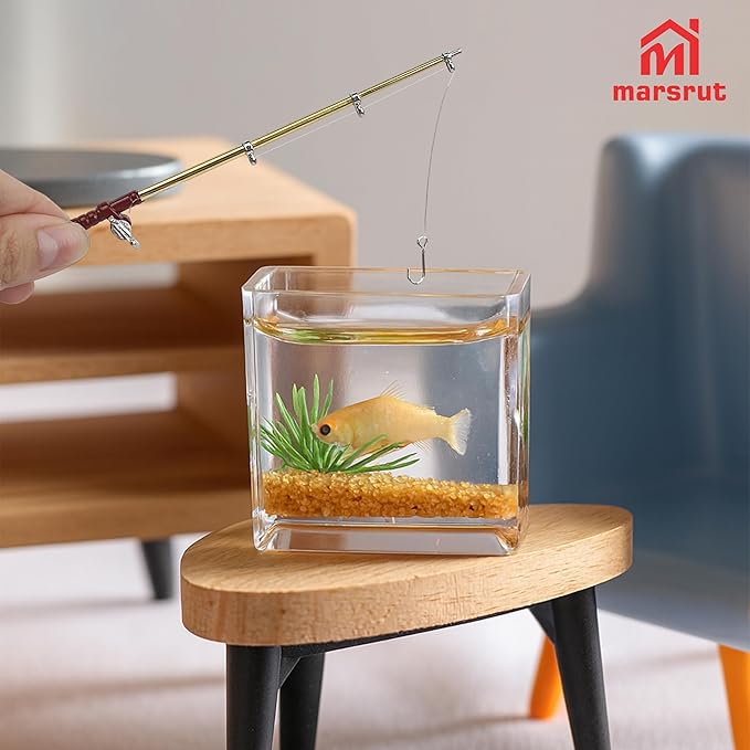 1 Set Miniature Fishing Rods and Fish Net Set for 1:12 Scale Dollhouse Decoration, Mini Fairy Garden Micro Landscape Furniture Accessories, Beach Pond House Decor Crafts with Fishing Pole Gear Models