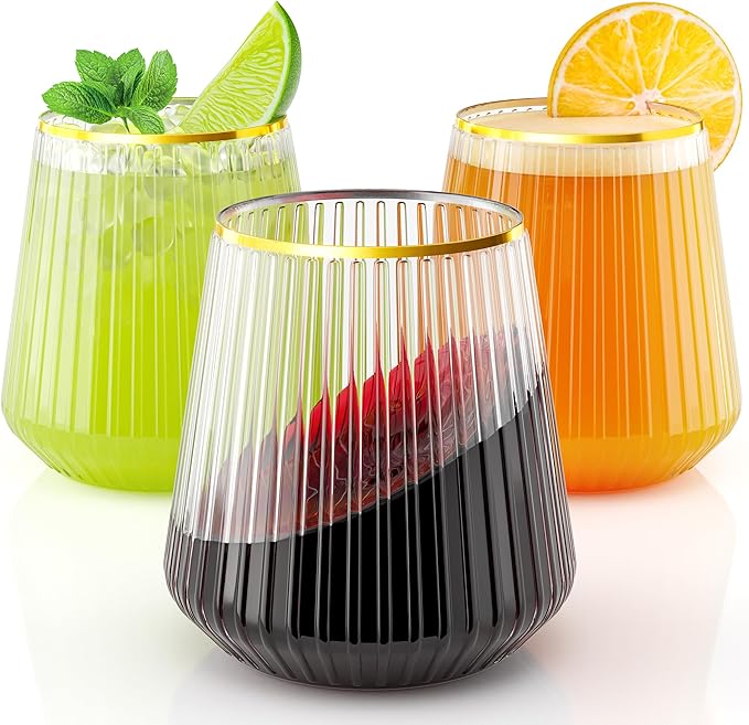 Exquisite 24 Pcs Unbreakable Stemless Plastic Wine Glasses Disposable Wine Glasses Stemless 12 Oz Gold Rimmed Plastic Cups Reusable Clear Party Cups Disposable Cocktail Glass For Weddings & Events